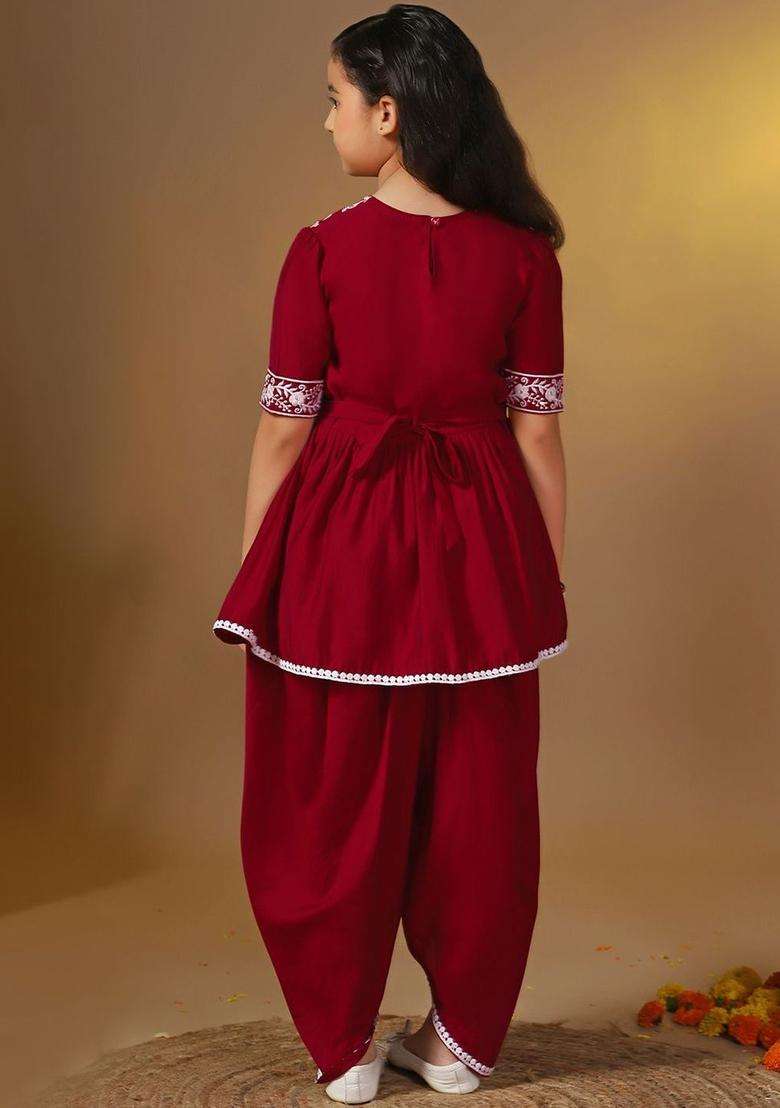 Maroon Embroidered Silk Kurta Set For Girls - Indya