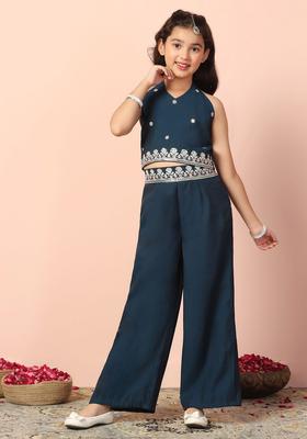 Blue Embroidered Silk Kurta Set For Girls