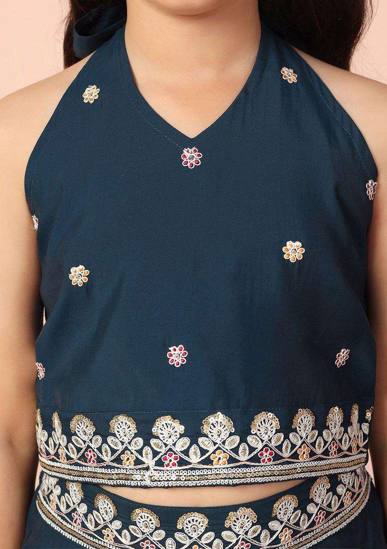 Blue Embroidered Silk Kurta Set For Girls - Indya