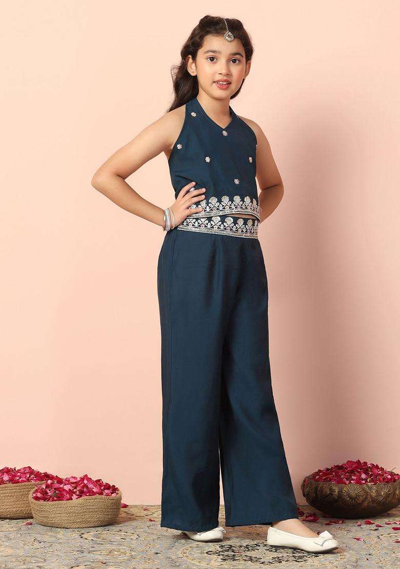 Blue Embroidered Silk Kurta Set For Girls - Indya