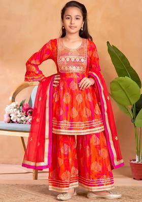 Orange Embroidered Viscose Kurta Set For Girls