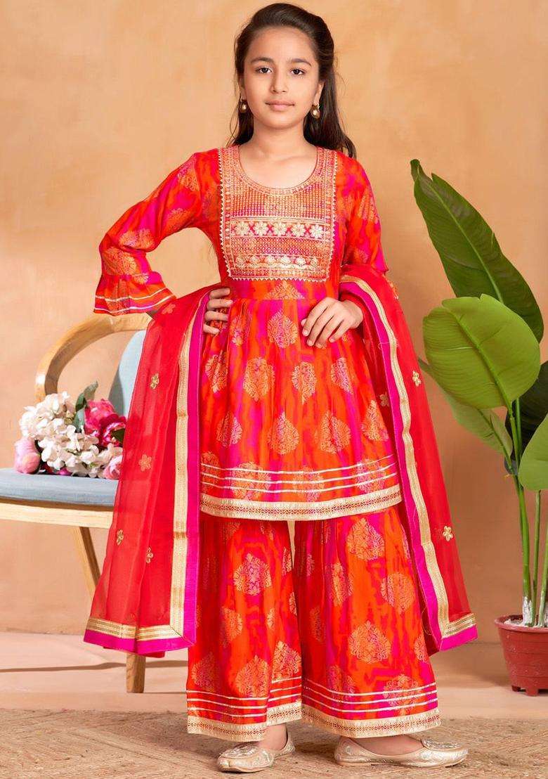 Orange Embroidered Viscose Kurta Set For Girls - Indya