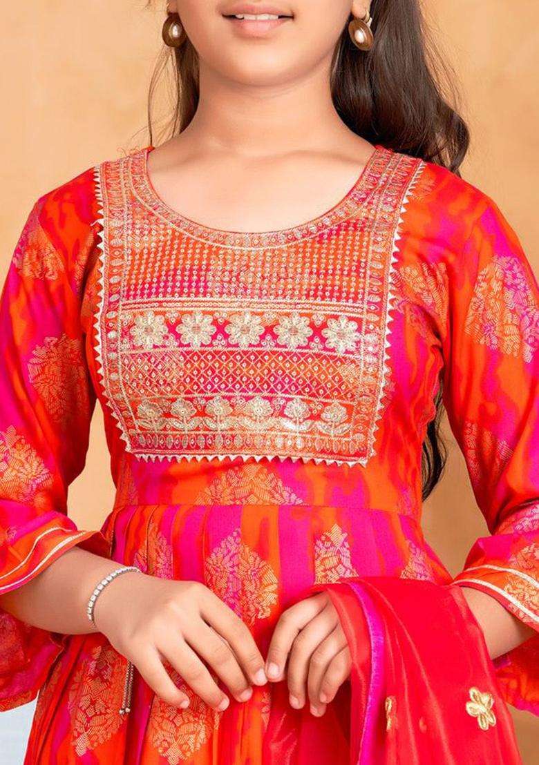 Orange Embroidered Viscose Kurta Set For Girls - Indya