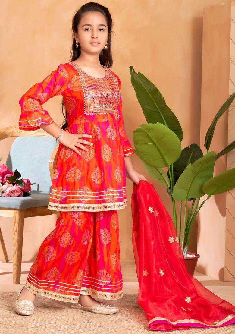 Orange Embroidered Viscose Kurta Set For Girls - Indya