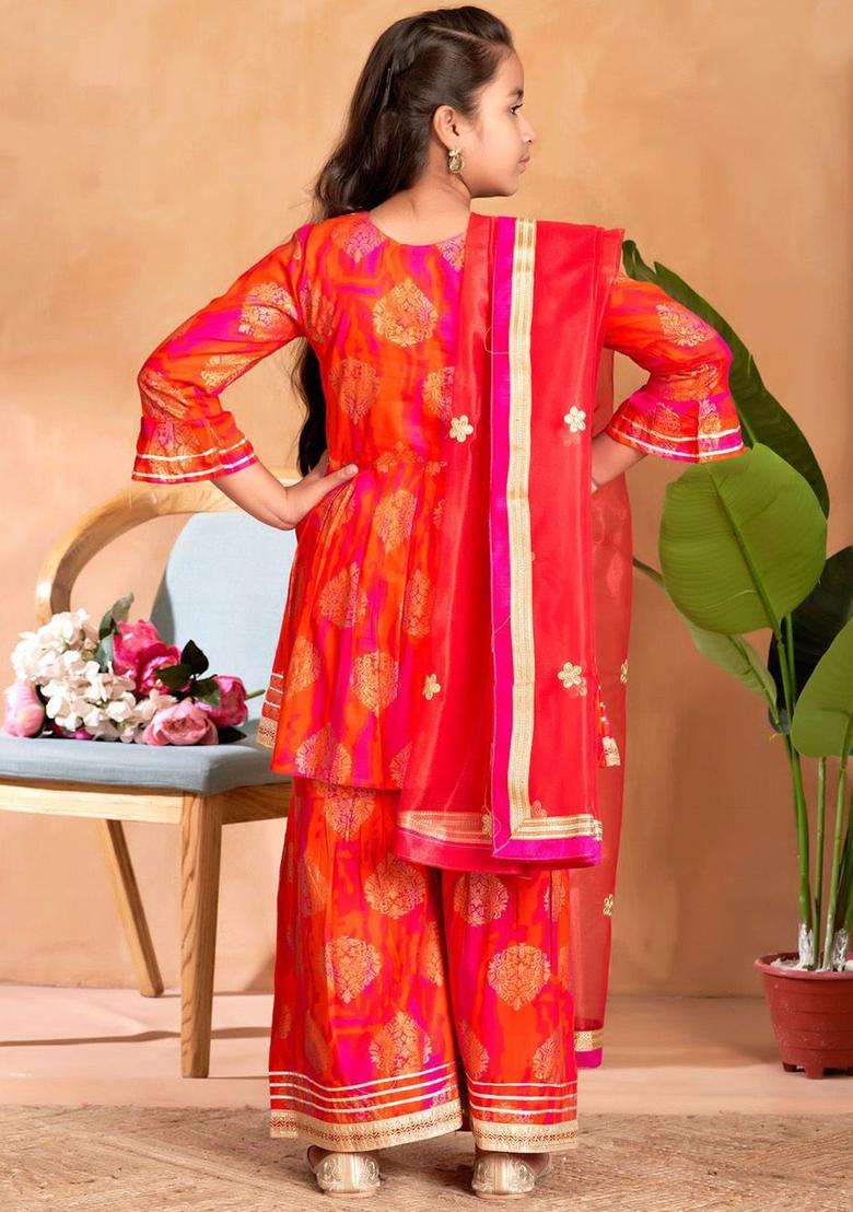 Orange Embroidered Viscose Kurta Set For Girls - Indya