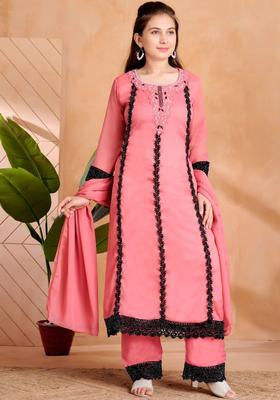 Peach Embroidered Georgette Kurta Set For Girls