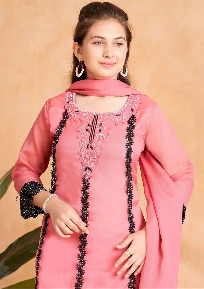 Peach Embroidered Georgette Kurta Set For Girls - Indya