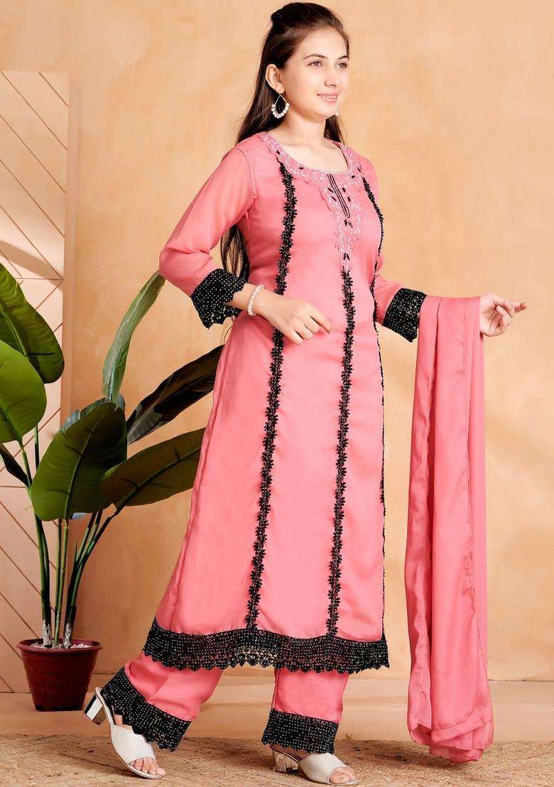 Peach Embroidered Georgette Kurta Set For Girls - Indya