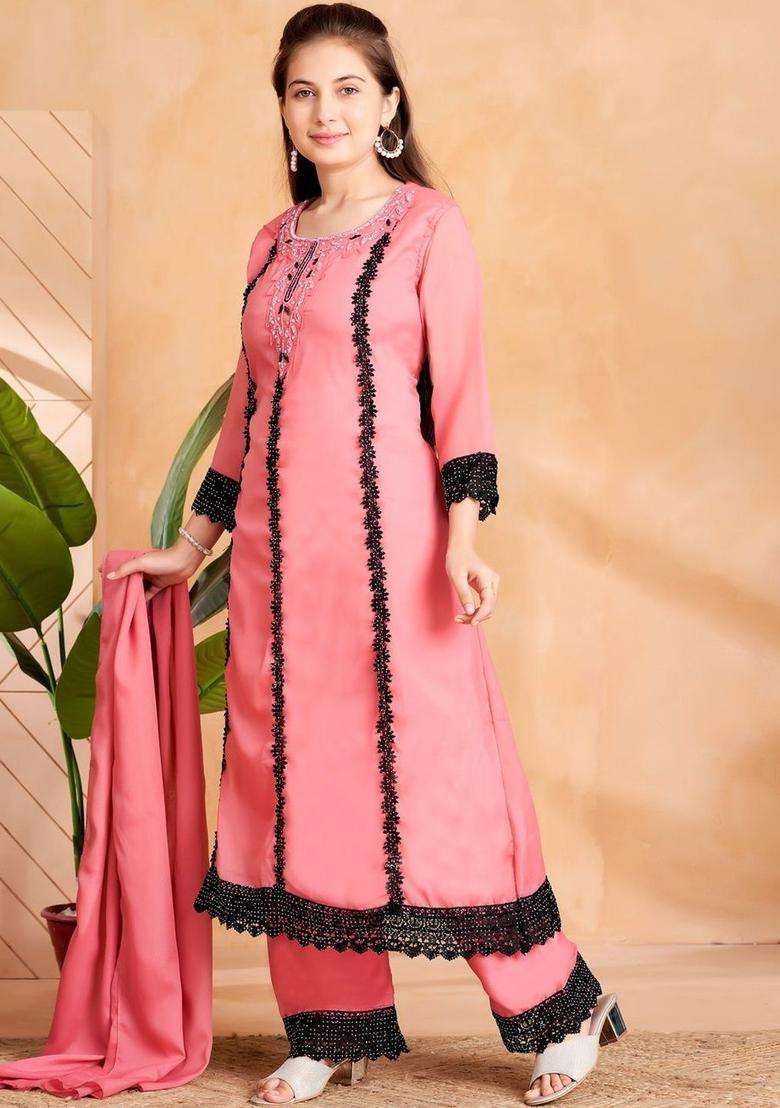 Peach Embroidered Georgette Kurta Set For Girls - Indya