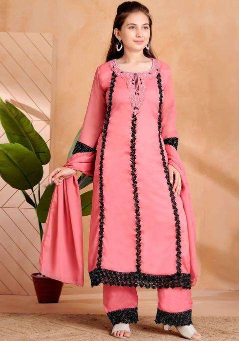 Peach Embroidered Georgette Kurta Set For Girls