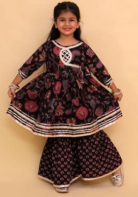Black Printed Cotton Kurta Set For Girls