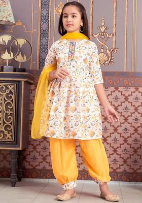 Yellow Printed Crepe Kurta Set For Girls
