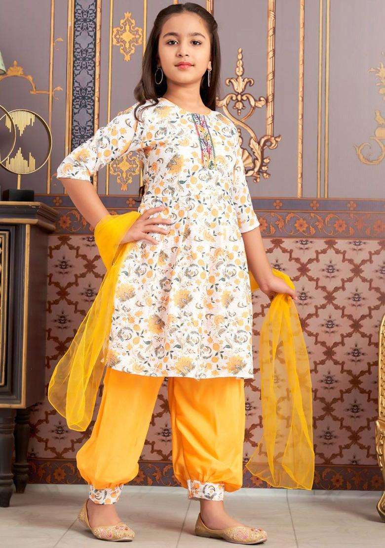Yellow Printed Crepe Kurta Set For Girls - Indya