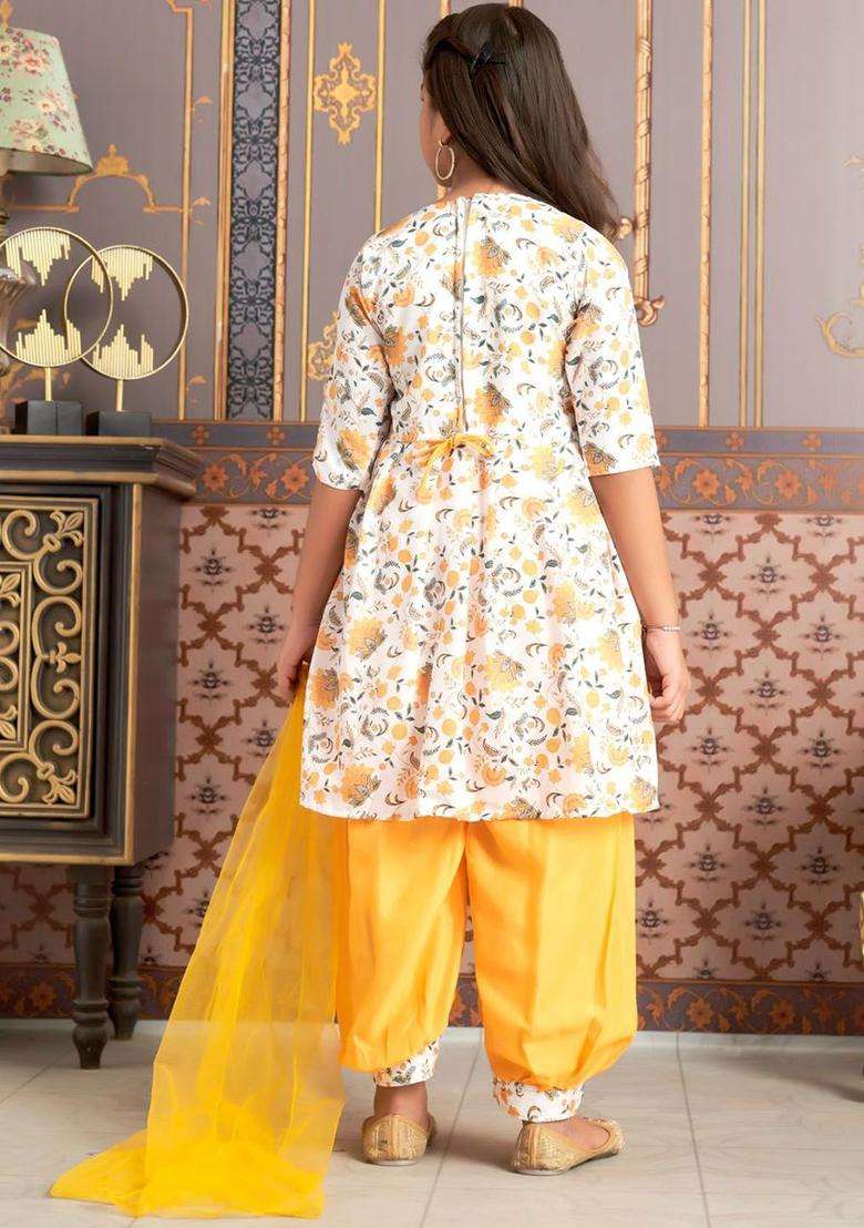 Yellow Printed Crepe Kurta Set For Girls - Indya