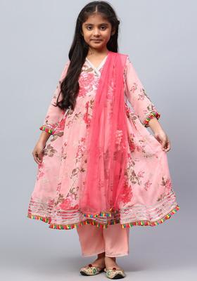Pink Printed Silk Kurta Set For Girls
