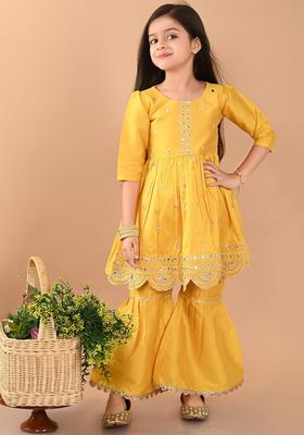 Yellow Embroidered Silk Kurta Set For Girls