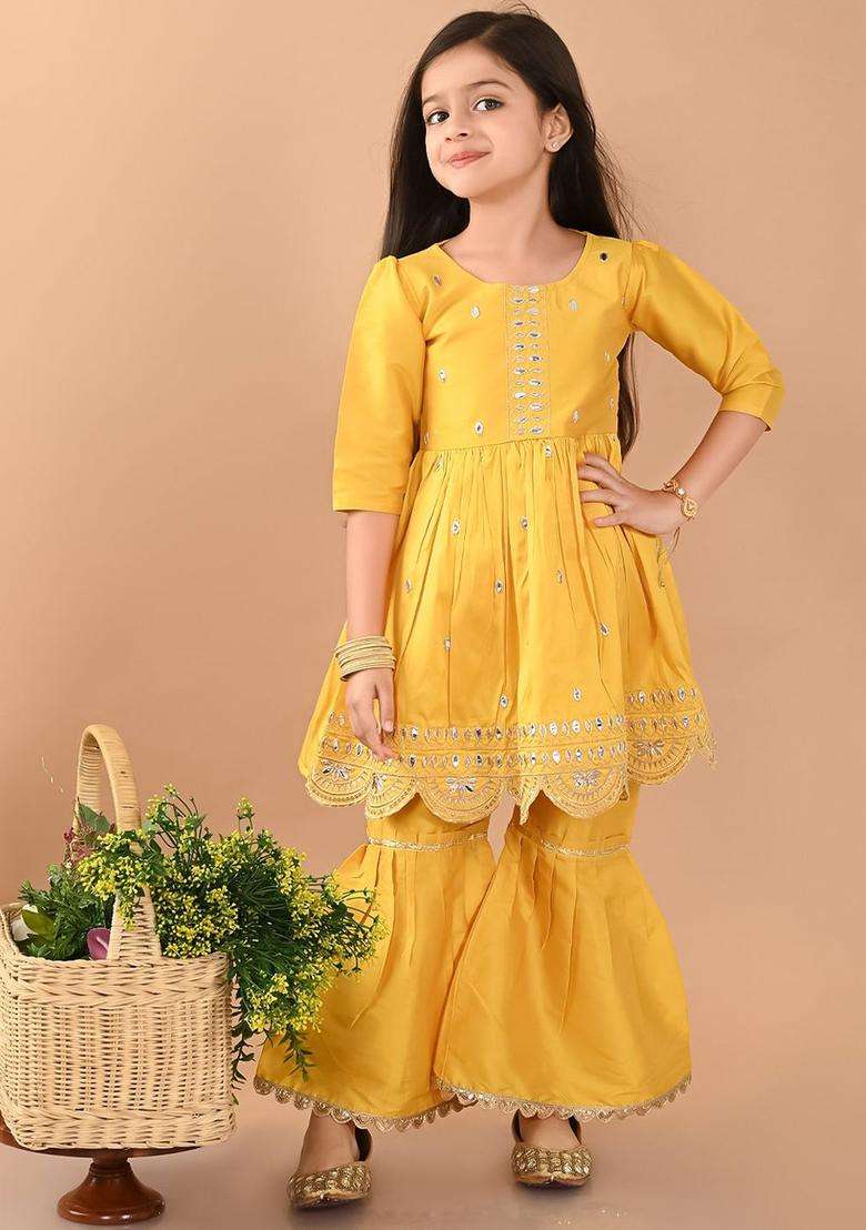 Yellow Embroidered Silk Kurta Set For Girls - Indya