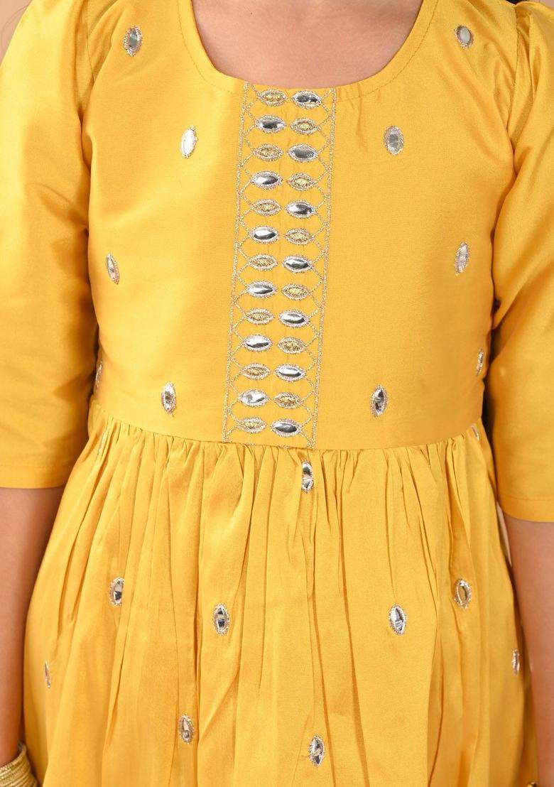 Yellow Embroidered Silk Kurta Set For Girls - Indya
