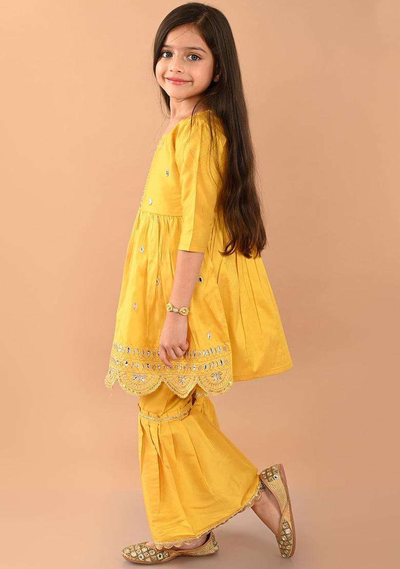 Yellow Embroidered Silk Kurta Set For Girls - Indya