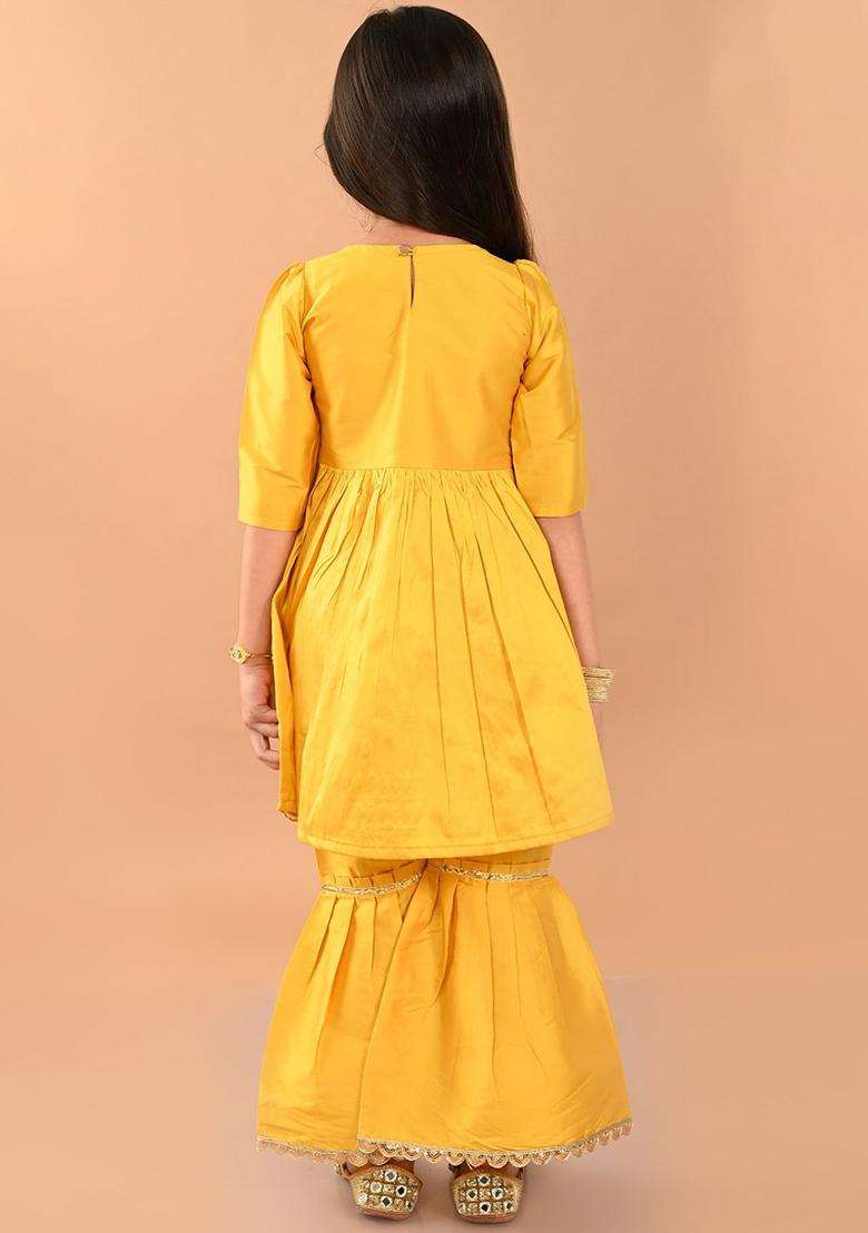 Yellow Embroidered Silk Kurta Set For Girls - Indya
