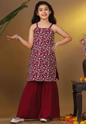 Maroon Embroidered Silk Kurta Set For Girls