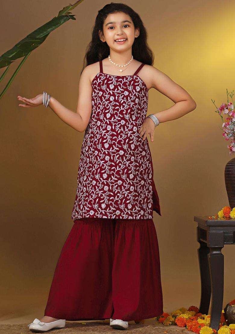 Maroon Embroidered Silk Kurta Set For Girls - Indya