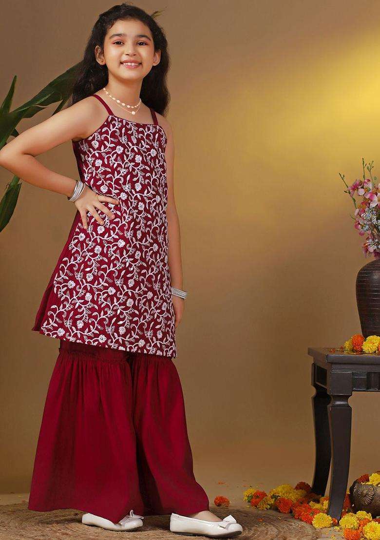 Maroon Embroidered Silk Kurta Set For Girls - Indya