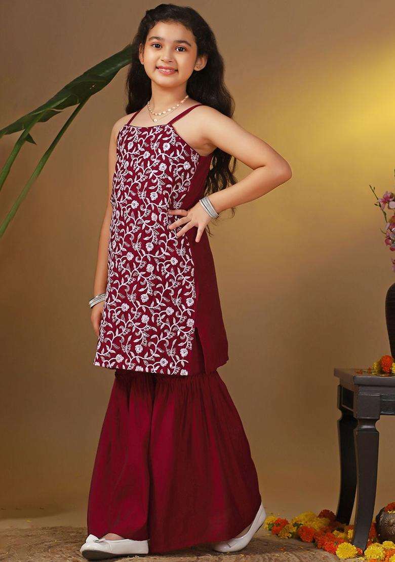 Maroon Embroidered Silk Kurta Set For Girls - Indya