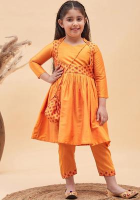 Mustard Printed Viscose Kurta Set For Girls