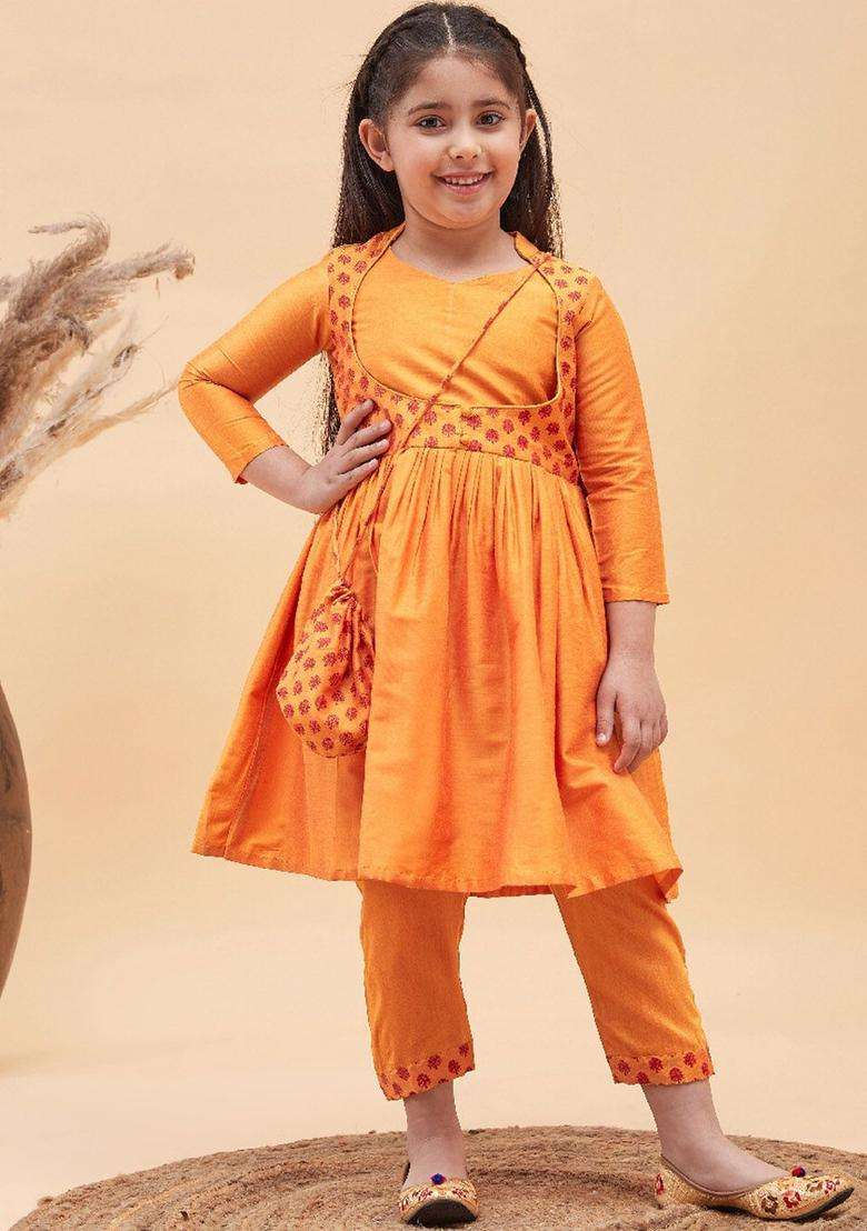 Mustard Printed Viscose Kurta Set For Girls - Indya