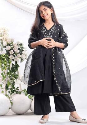 Black Embroidered Silk Kurta Set For Girls