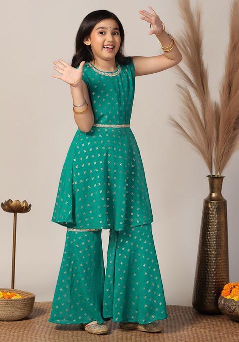 Teal Printed Georgette Kurta Set For Girls — view on Indya