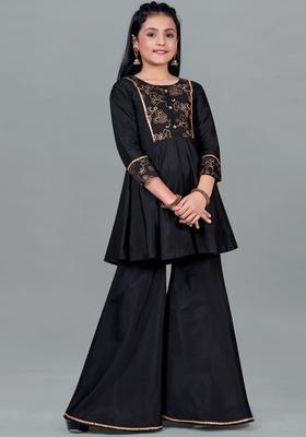 Black Embroidered Silk Kurta Set For Girls
