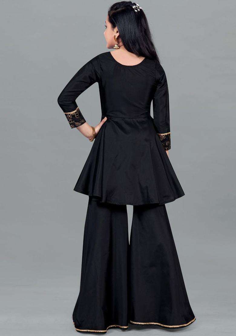 Black Embroidered Silk Kurta Set For Girls - Indya