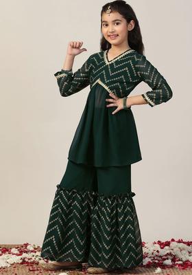Green Printed Georgette Kurta Set For Girls