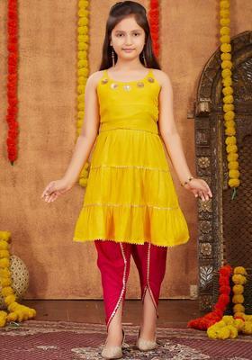 Yellow Solid Viscose Kurta Set For Girls