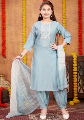 Turquoise Blue Embroidered Silk Kurta Set For Girls