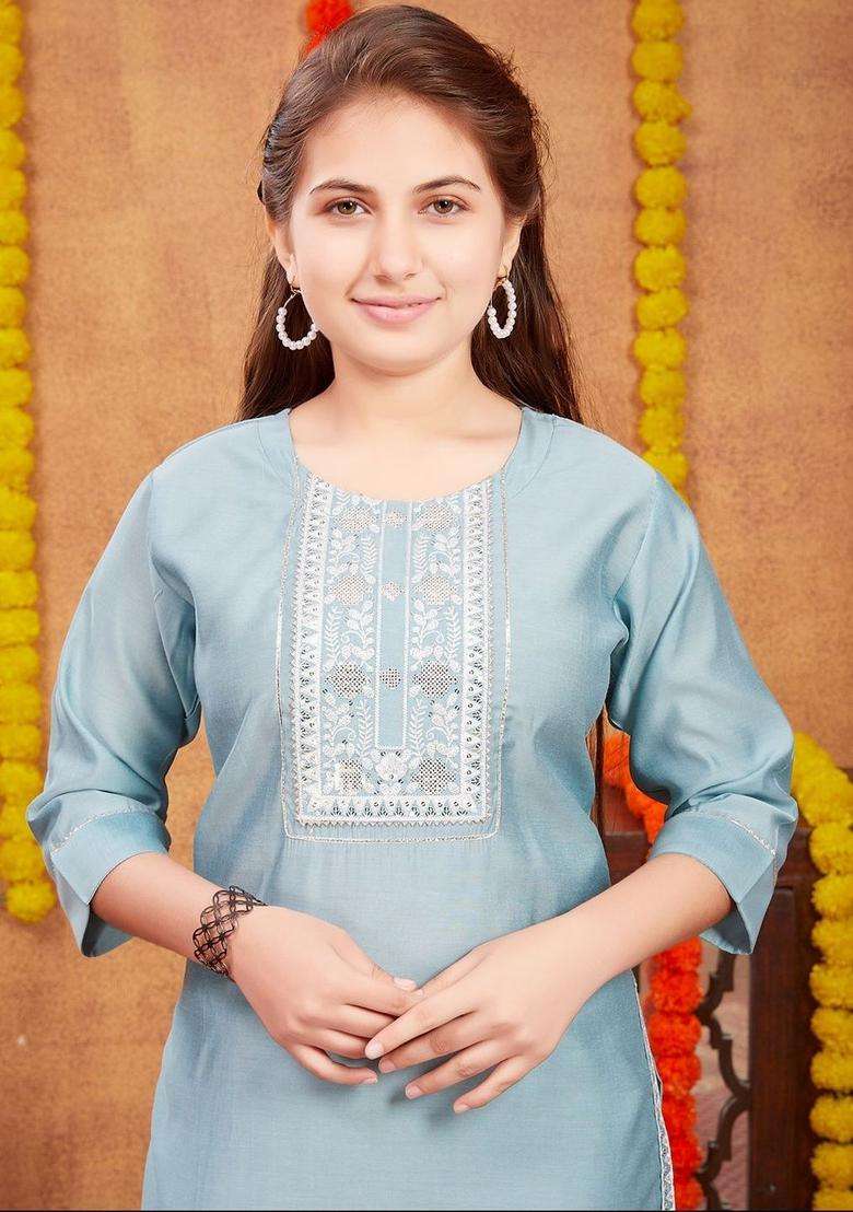 Turquoise Blue Embroidered Silk Kurta Set For Girls - Indya