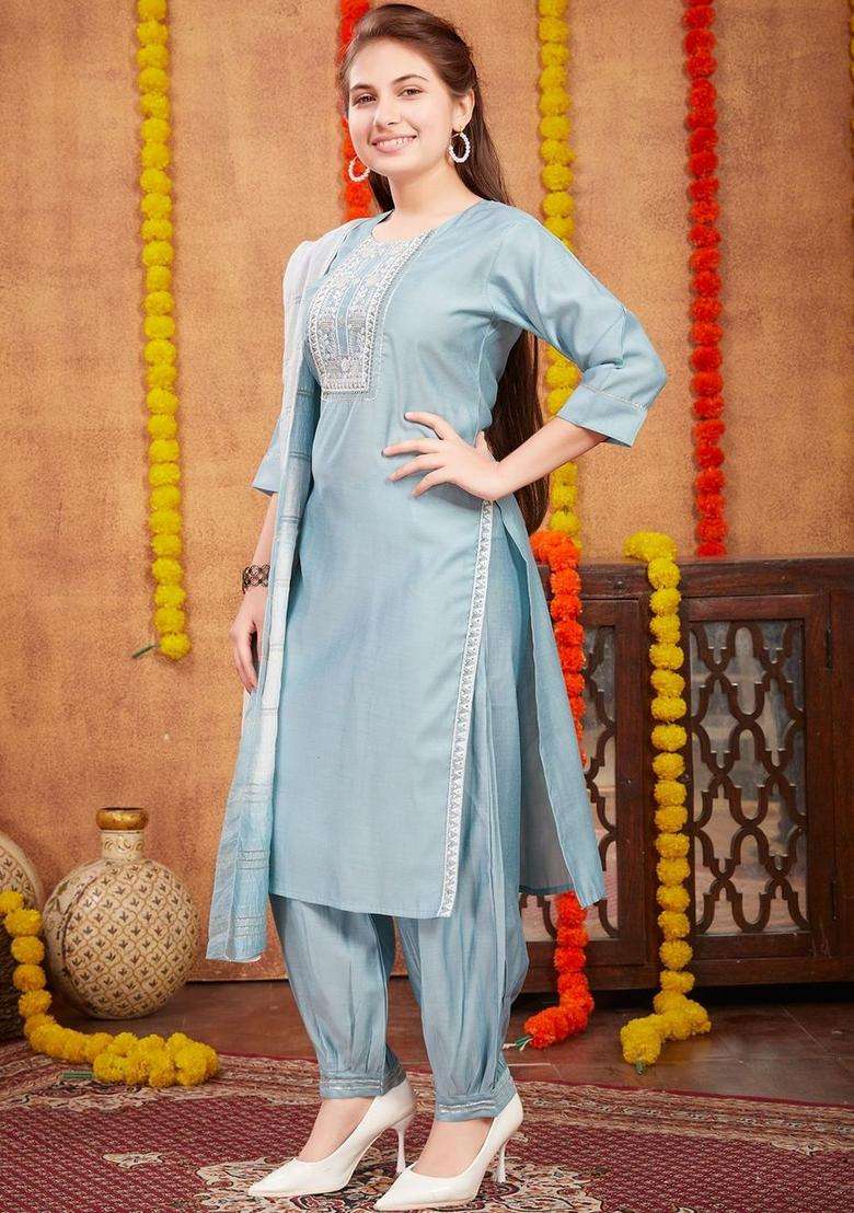 Turquoise Blue Embroidered Silk Kurta Set For Girls - Indya