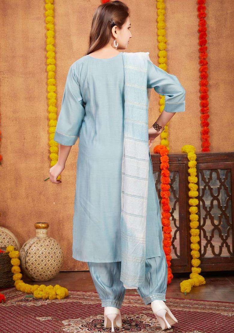 Turquoise Blue Embroidered Silk Kurta Set For Girls - Indya