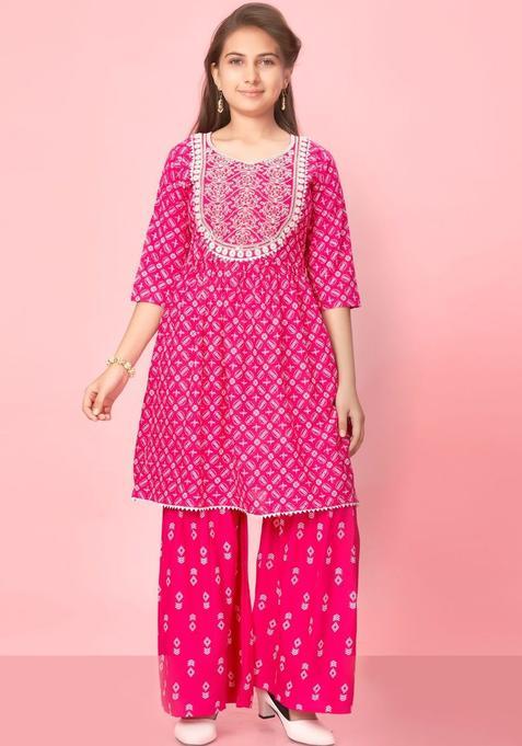 Pink Cotton Kurta Set For Girls — view on Indya