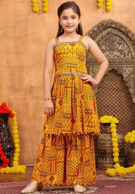 Yellow Printed Polyester Kurta Set For Girls