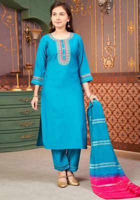 Turquoise Blue Embroidered Silk Kurta Set For Girls