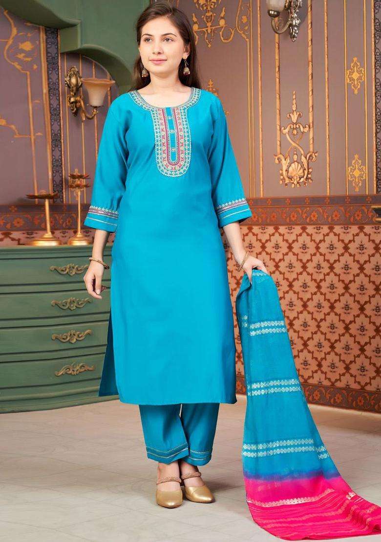 Turquoise Blue Embroidered Silk Kurta Set For Girls - Indya