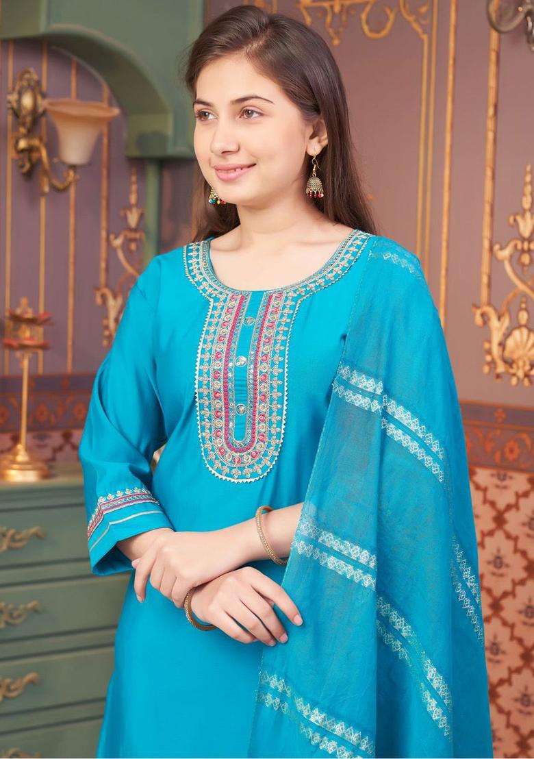 Turquoise Blue Embroidered Silk Kurta Set For Girls - Indya