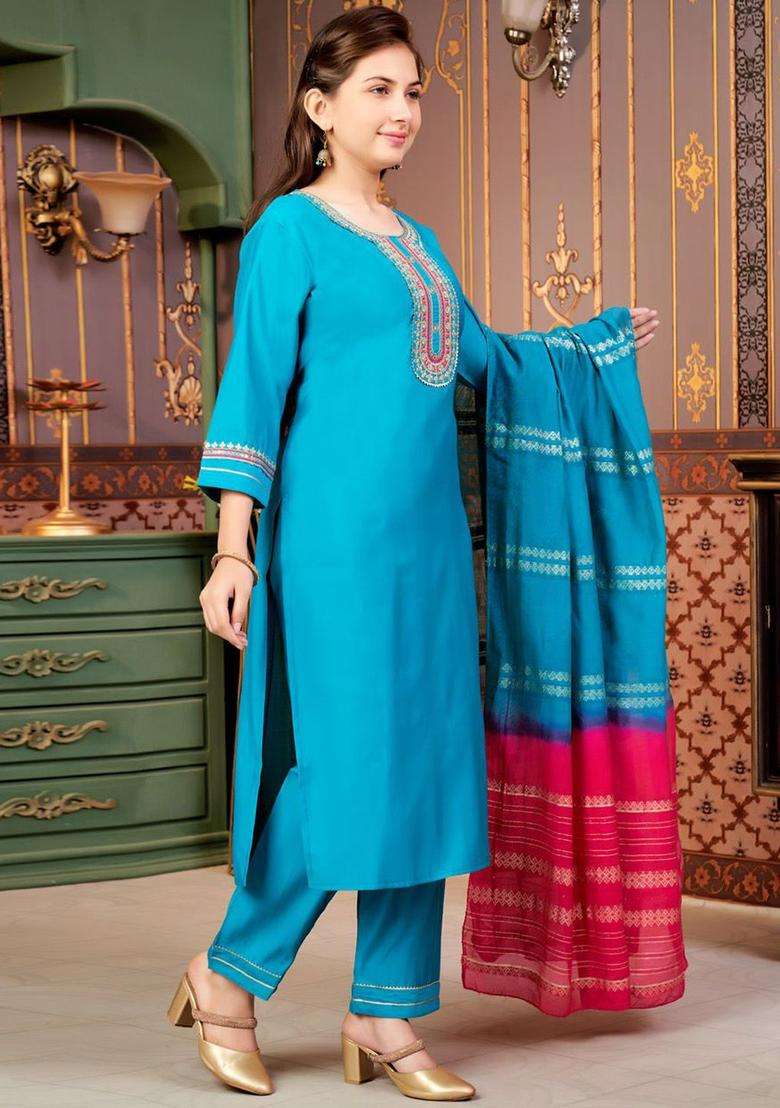 Turquoise Blue Embroidered Silk Kurta Set For Girls - Indya