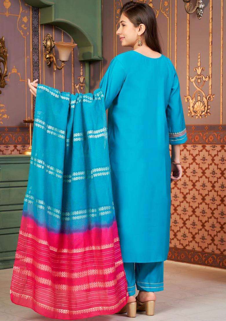 Turquoise Blue Embroidered Silk Kurta Set For Girls - Indya