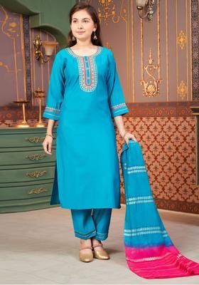 Turquoise Blue Embroidered Silk Kurta Set For Girls