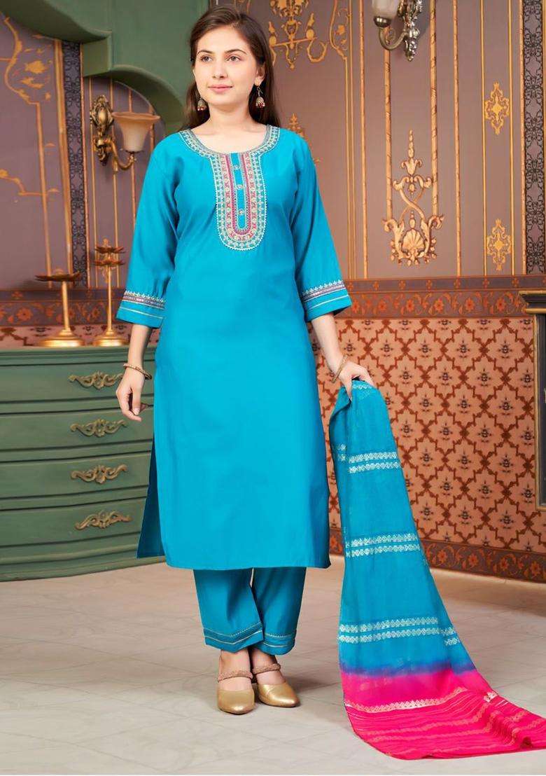 Turquoise Blue Embroidered Silk Kurta Set For Girls - Indya