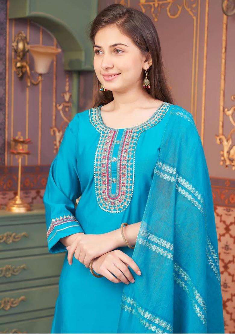 Turquoise Blue Embroidered Silk Kurta Set For Girls - Indya